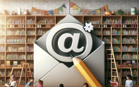 AI-generiert: A photorealistic symbolic image representing the change of an email address, set in a public childrens library